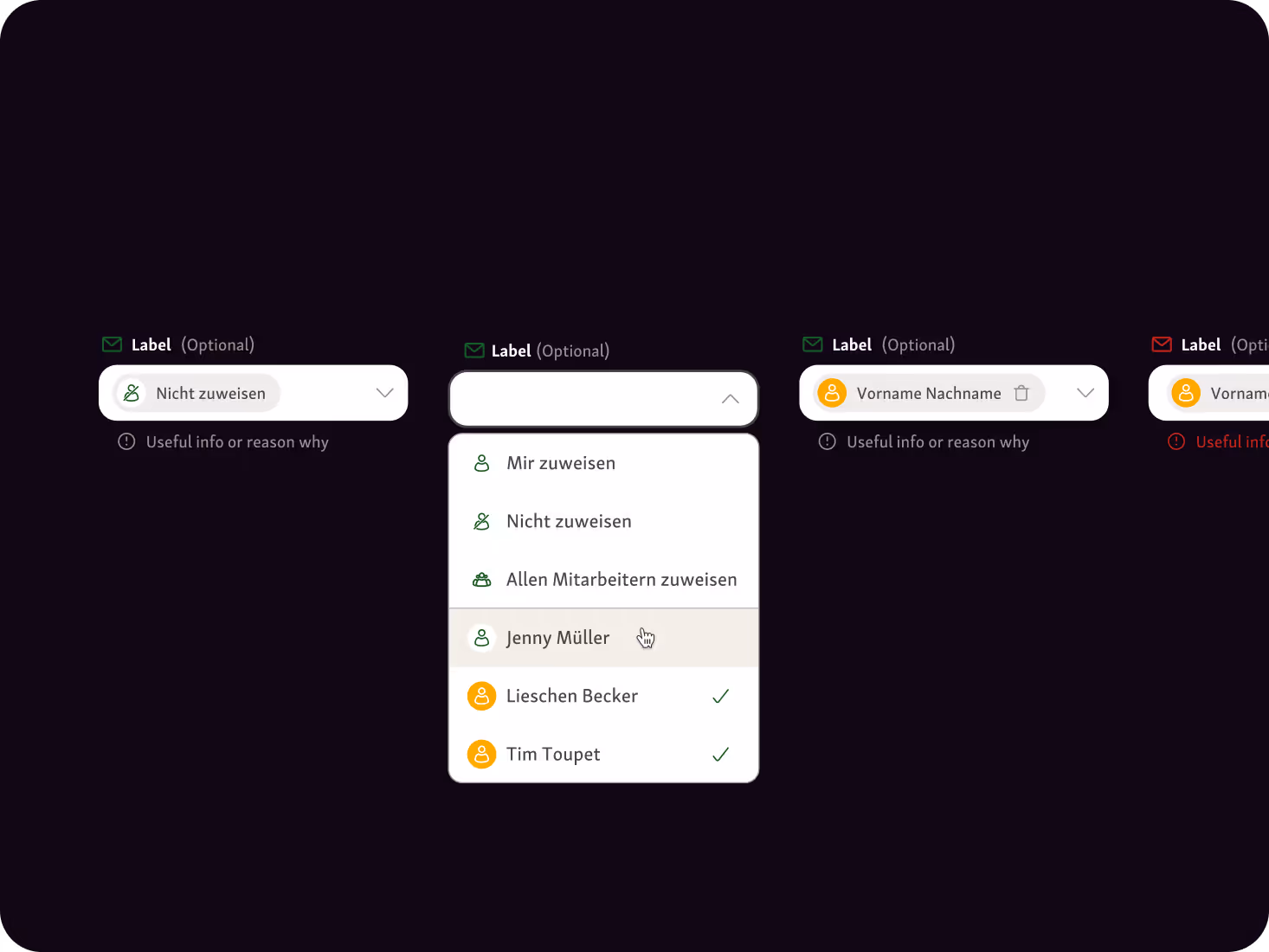 Web-Komponenten-Designsystem für Fressnapf mit Dropdown-Menüs zur Zuweisung von Aufgaben